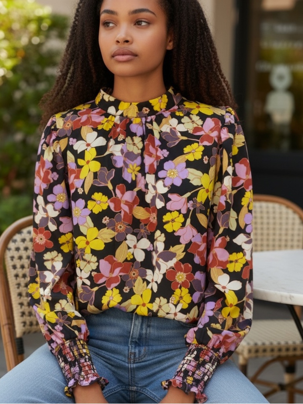 Who What Wear Black Floral Mock-Neck Blouse